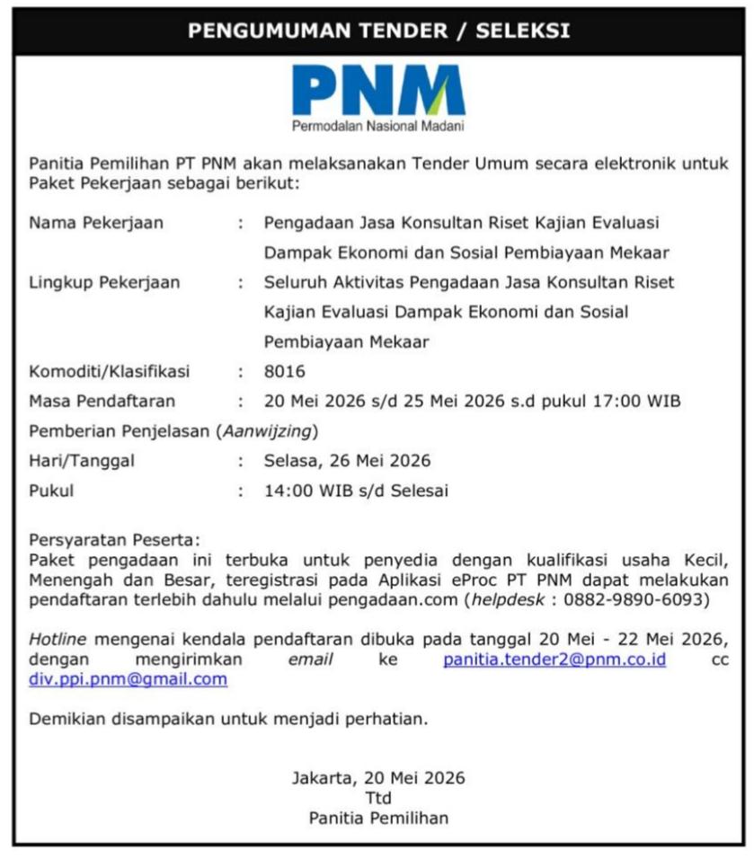 Pengadaan Jasa Konsultan Riset Kajian Evaluasi Dampak Ekonomi dan Sosial Pembiayaan Mekaar